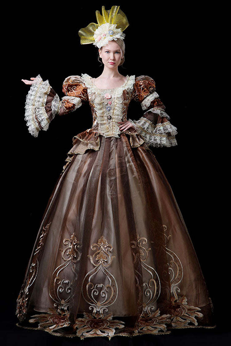 Coffee Multi-Layer Trumpet Sleeve Victorian Gown - 3D Flower Embroidery