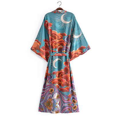 Boho Beach Moon Print Belt Robe Long Cardigan Kimono Outerwear