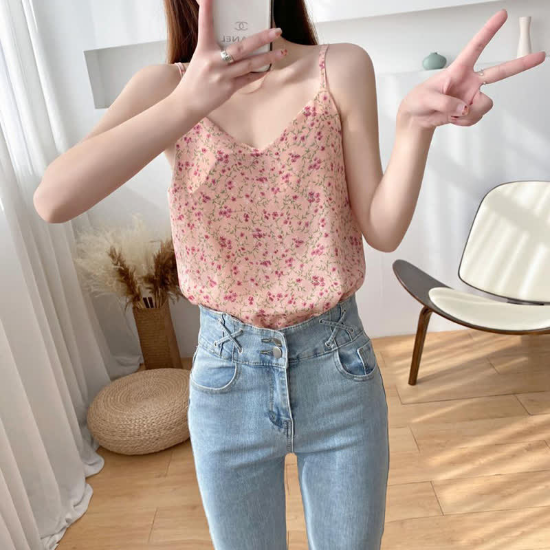 Floral Print Chiffon V-neck Cami Top