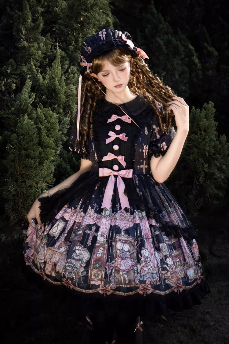 Ruffled Lace Dress with Bowknot and Missing Lamb Print