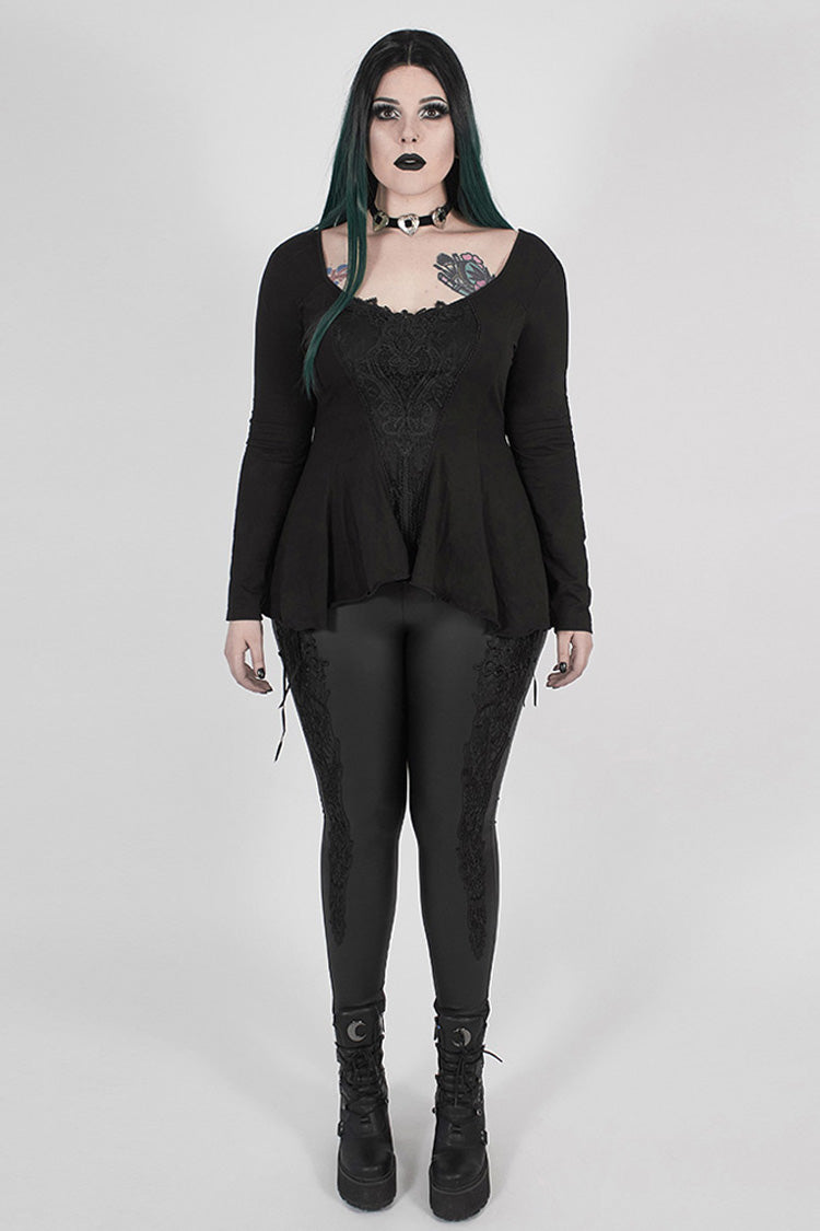 Plus Size Gothic Tee with Round Collar & Back Lace-Up Frill