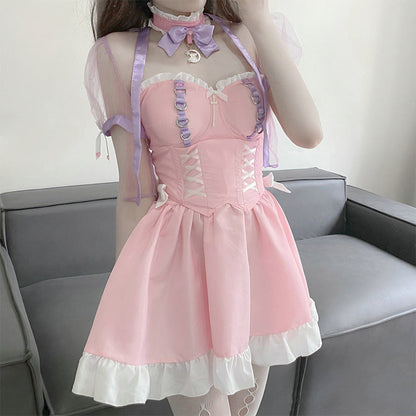 Pink Lace Up Lolita Maid Dress Set