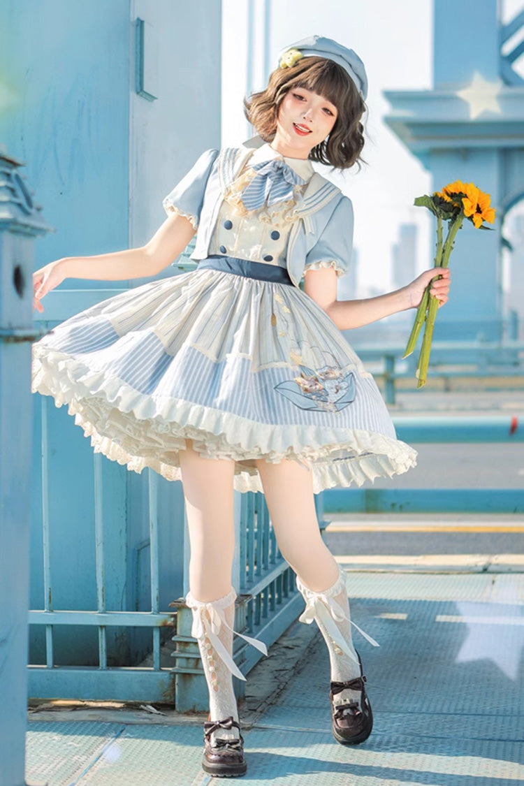 Navy Star-Print Ruffle Sleeveless Bowknot Sweet Lolita Dress