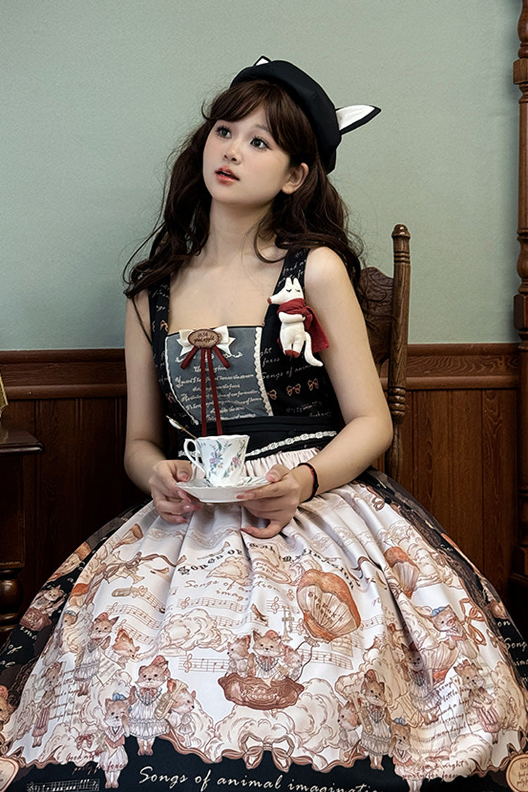 Black Fox Print Square Collar Bowknot Classic Lolita Jumper