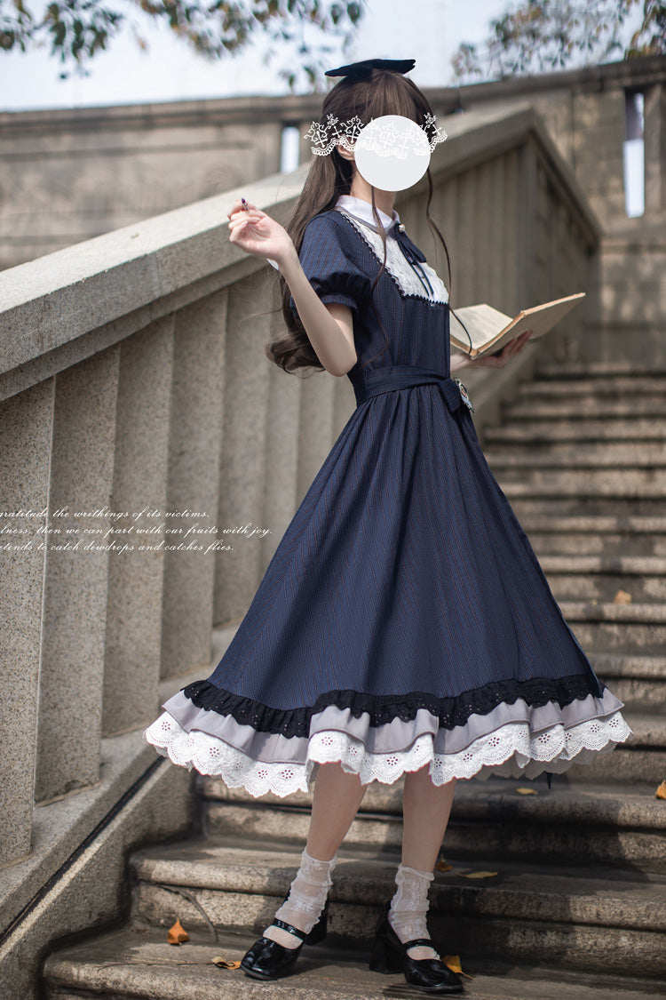 Blue [Phyllis] Lapel Collar Short Sleeves Printed Bow Classic Vintage Elegant Lolita Dress