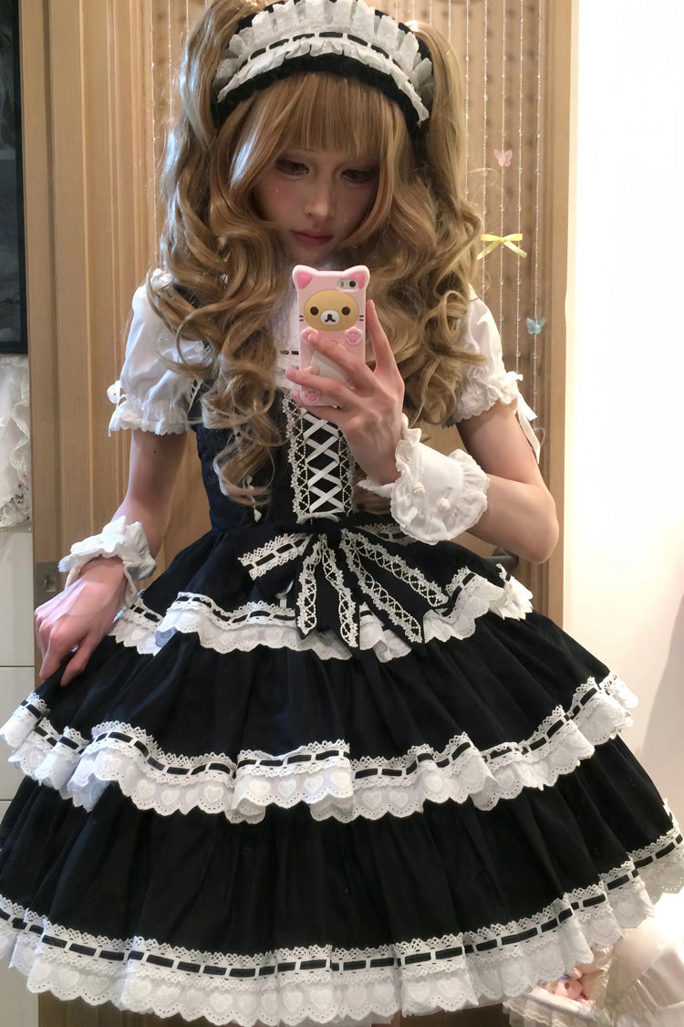 Black Maiden Heart Triple Layer Ruffle Bow Lace Sweet Jsk
