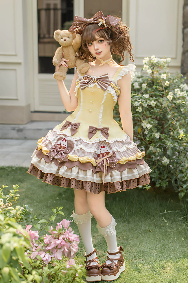 Yellow/Brown [Polka Dot Cake] Multi-Layered Printed Ruffled Bow Sweet Lolita JSK Dress