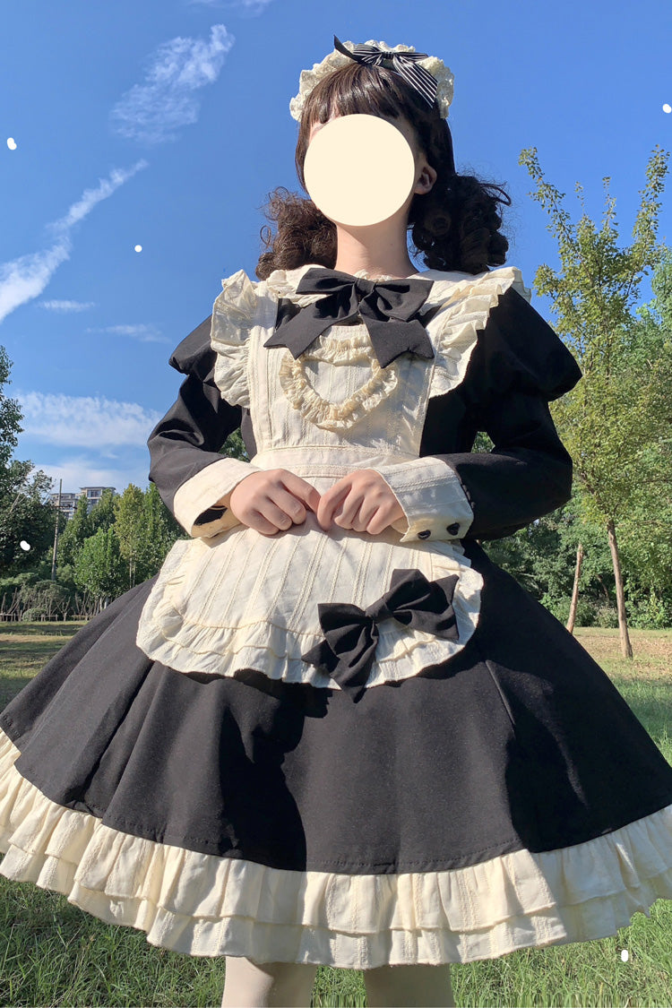 Black/White Maid Long Sleeve Bow Accent Sweet Short Lolita Dress