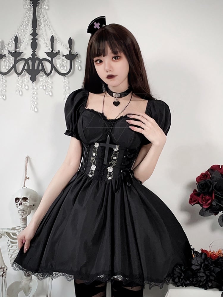 Halloween Dark Black Puff Sleeves Dress Costume