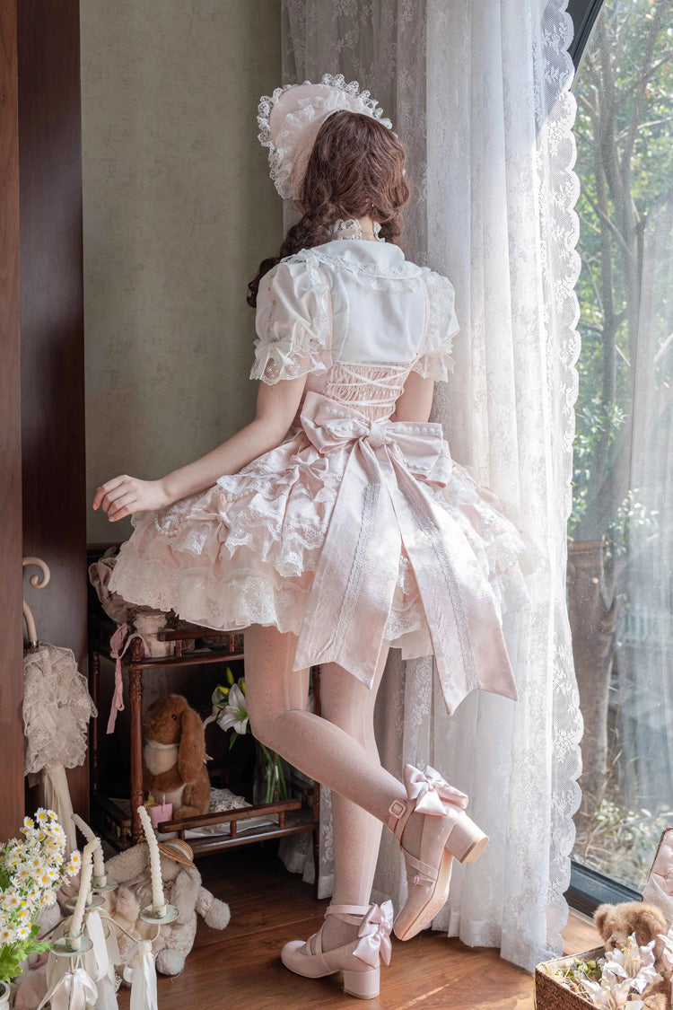 Small Cakes Sleeveless Multi-Layered Ruffled Bow Lace Sweet Lolita JSK Dress - Pink