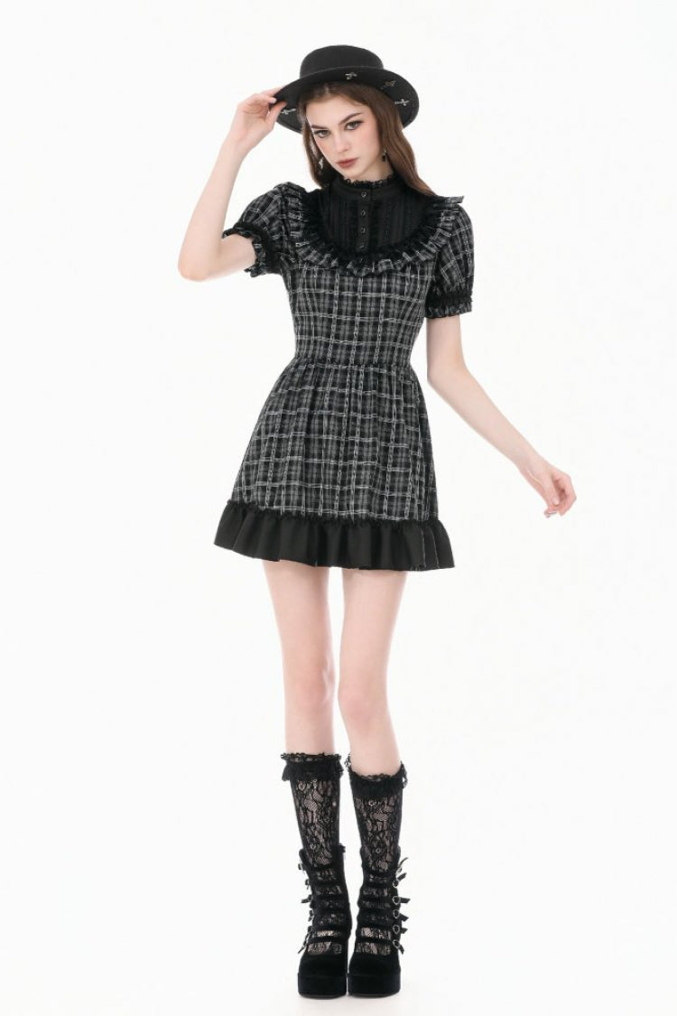 Monochrome Gothic Lolita Dress with Plaid, Stand Collar, and Lace-Up Front