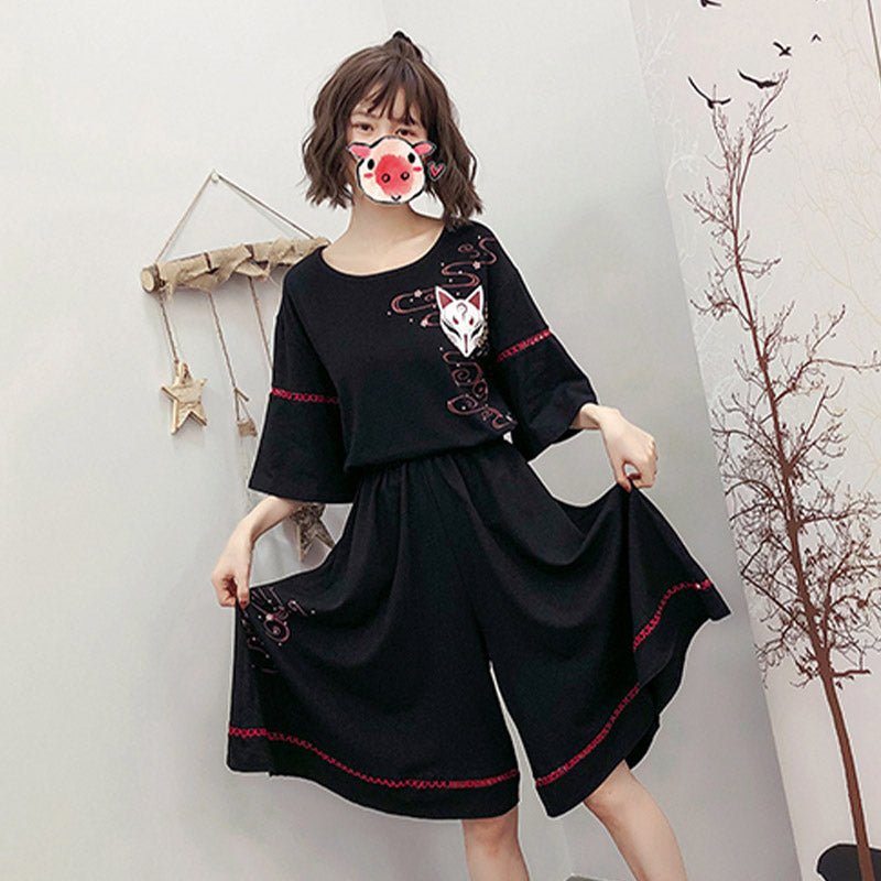 Black Sakura Fox Print Lace Up T-Shirt Wide Leg Pants