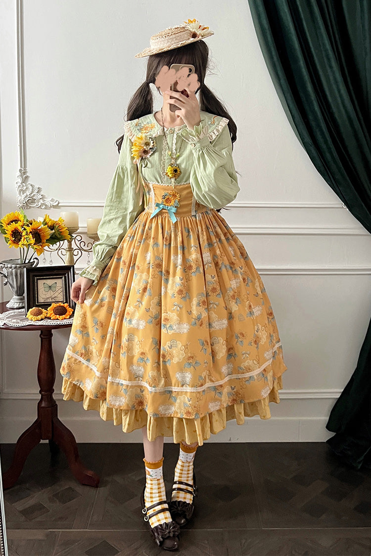 Yellow Sunflower Sleeveless Floral Bow Elegant Uplift Jsk