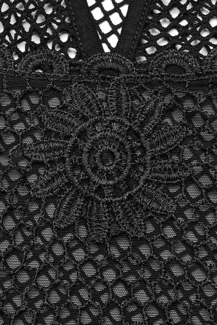 Sheer Mesh Gothic Vest with Lace Embroidery & Adjustable Drawstring for Women