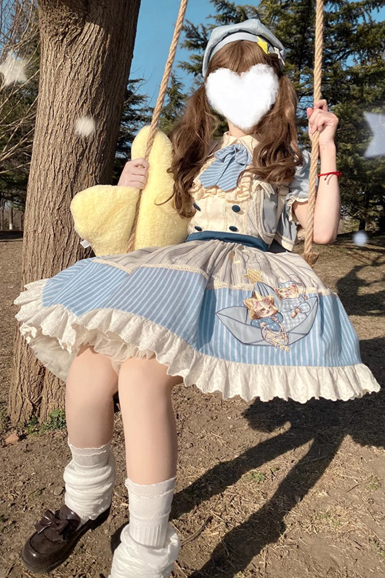 Navy Star-Print Ruffle Sleeveless Bowknot Sweet Lolita Dress
