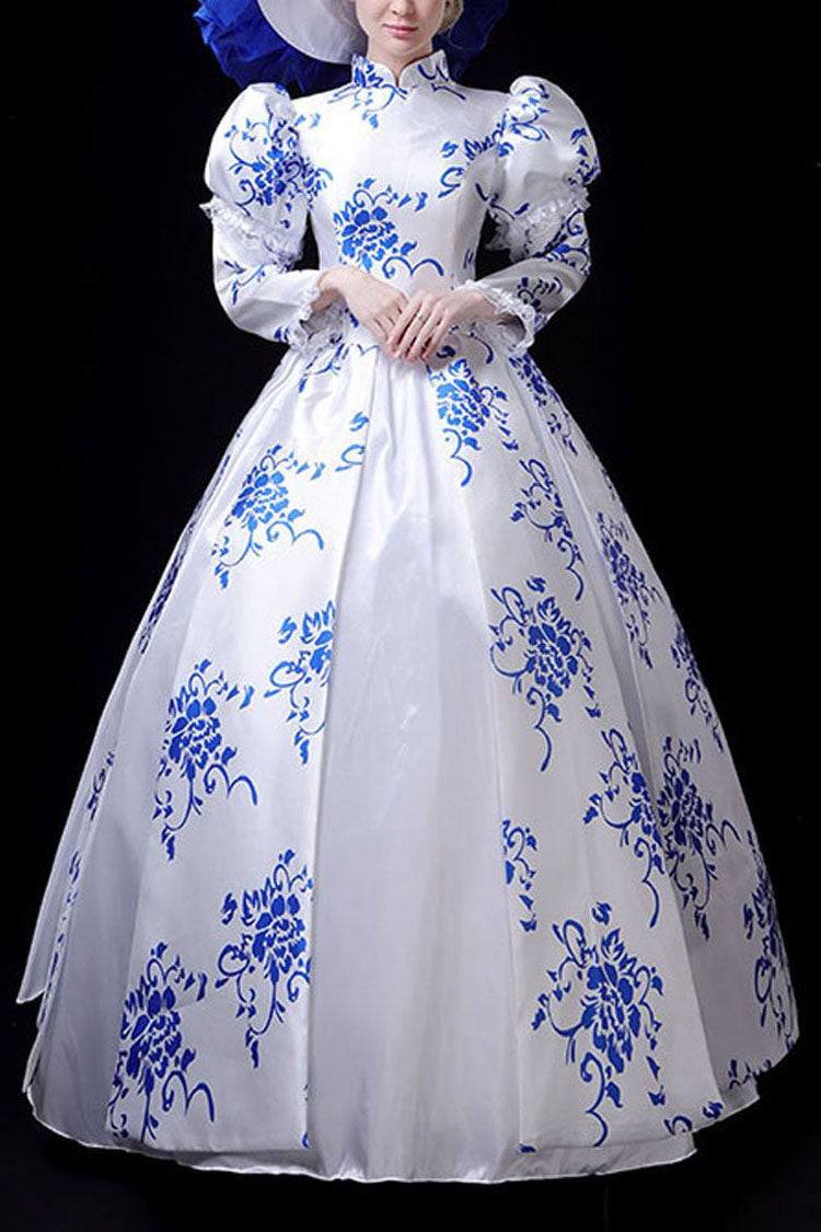 Blue and White Porcelain Victorian Dress with Stand Collar - Altfashion Shop