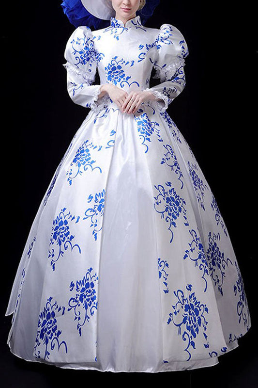 Blue and White Porcelain Victorian Dress with Stand Collar - Altfashion Shop