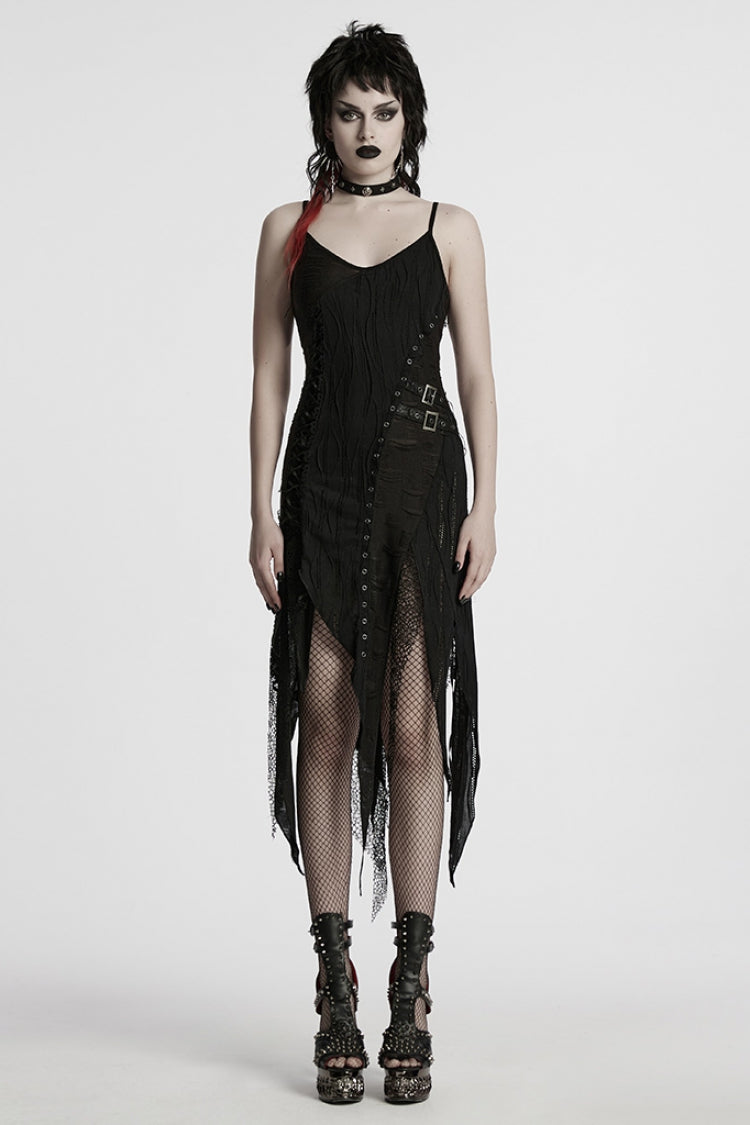Black Sleeveless Lace Asymmetrical Ripped Gothic Party Slip Dress