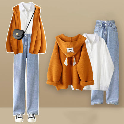 Bear Ears Hooded Cardigan Lapel Shirt Denim Pants Set