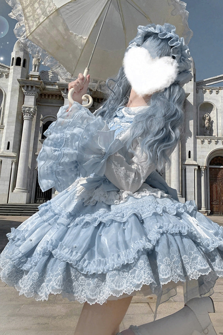 Whale Lapel Collar Short Sleeve Triple Ruffle Embroidered Sweet Lolita Dress