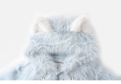 Blue Fluffy Cat Ears Hooded Faux Fur Coat Detachable Cat Plushie