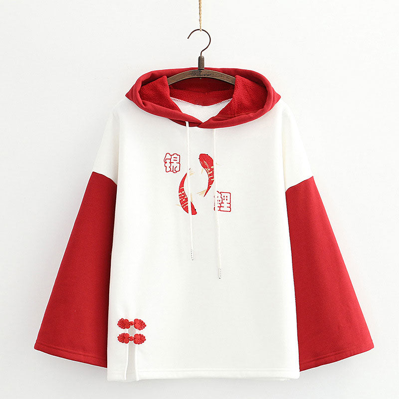 Vintage Red Fish Letter Embroidery Hoodie