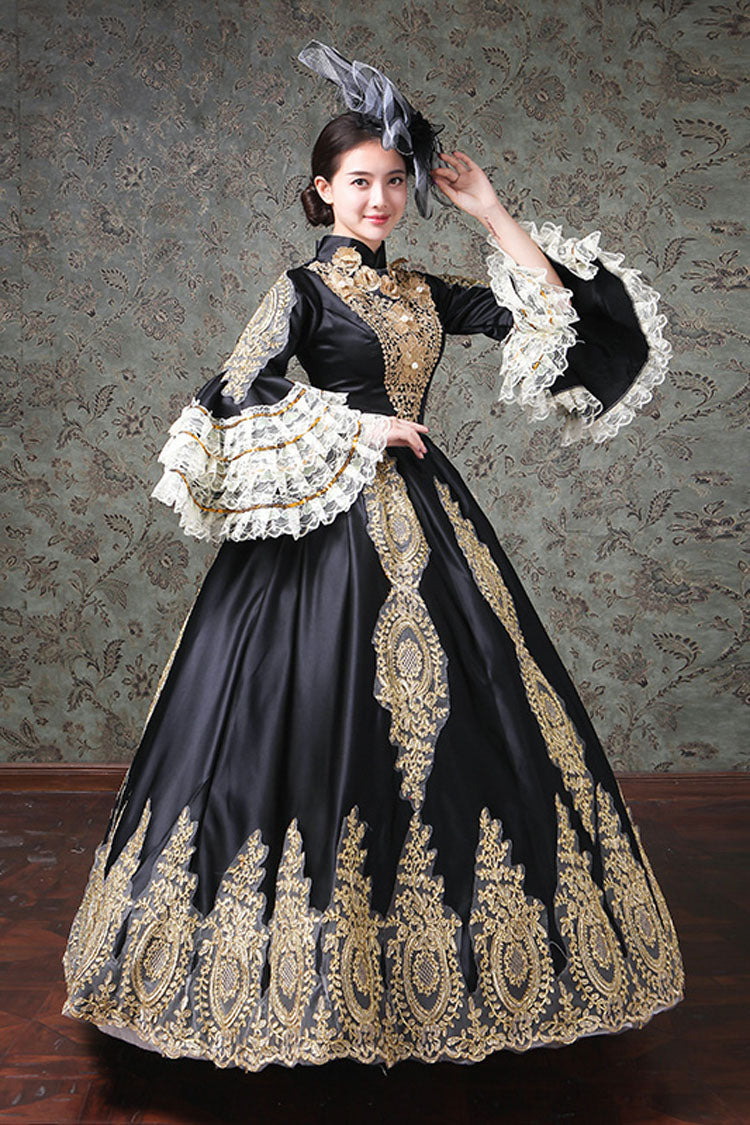 Victorian Lace Dress with Bell Sleeves and Floral Embroidery - Altfashion Shop