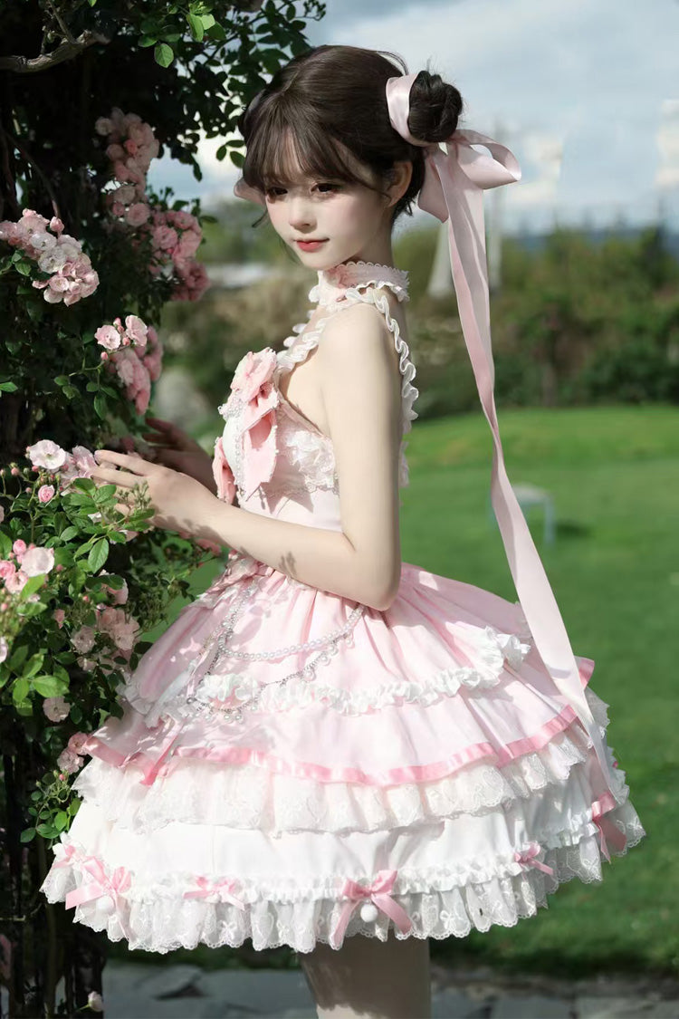 Pink [Prelude of Spring Cherry] Square Collar Sleeveless Multi-Layered Jacquard Ruffled Bow Lace Pearl-Decorated Sweet Lolita Jsk Dress