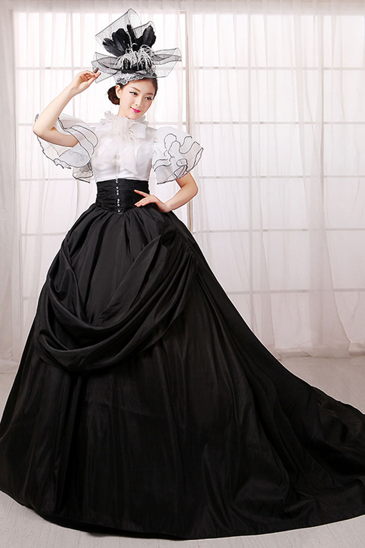 White and Black Short Sleeve Victorian Gown - Back Zipper Bowknot