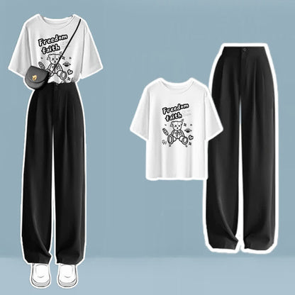 Cartoon Print T-Shirt High Waist Wide Leg Pants