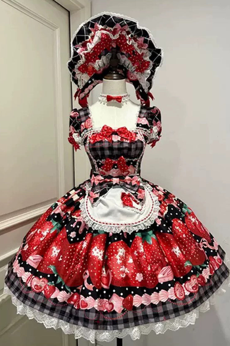 Dream to Strawberry Printed Short Sleeve Ruffle Bow Lace Sweet Lolita OP Dress in Four Colors