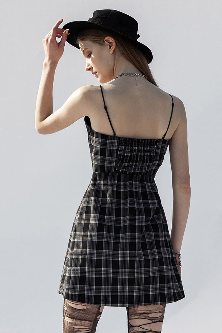 Monochrome Punk Suspender Dress with Plaid and Skull Studded Belt