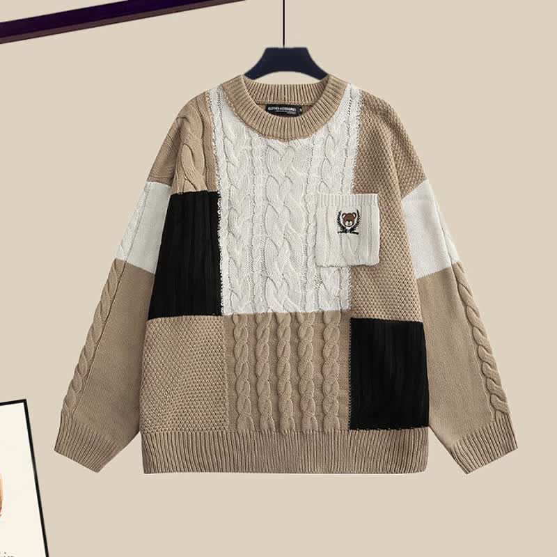 Colorblock Cable Knit Sweater Shirt Denim Pants Set