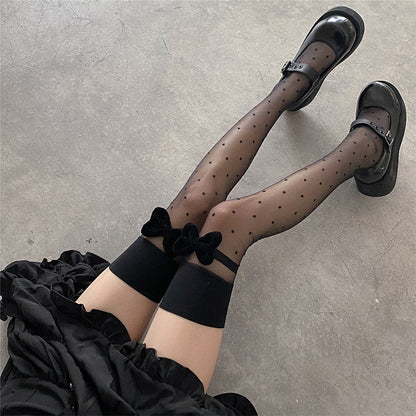 Black Bow Knot Decor Polka Dots Silk Stockings