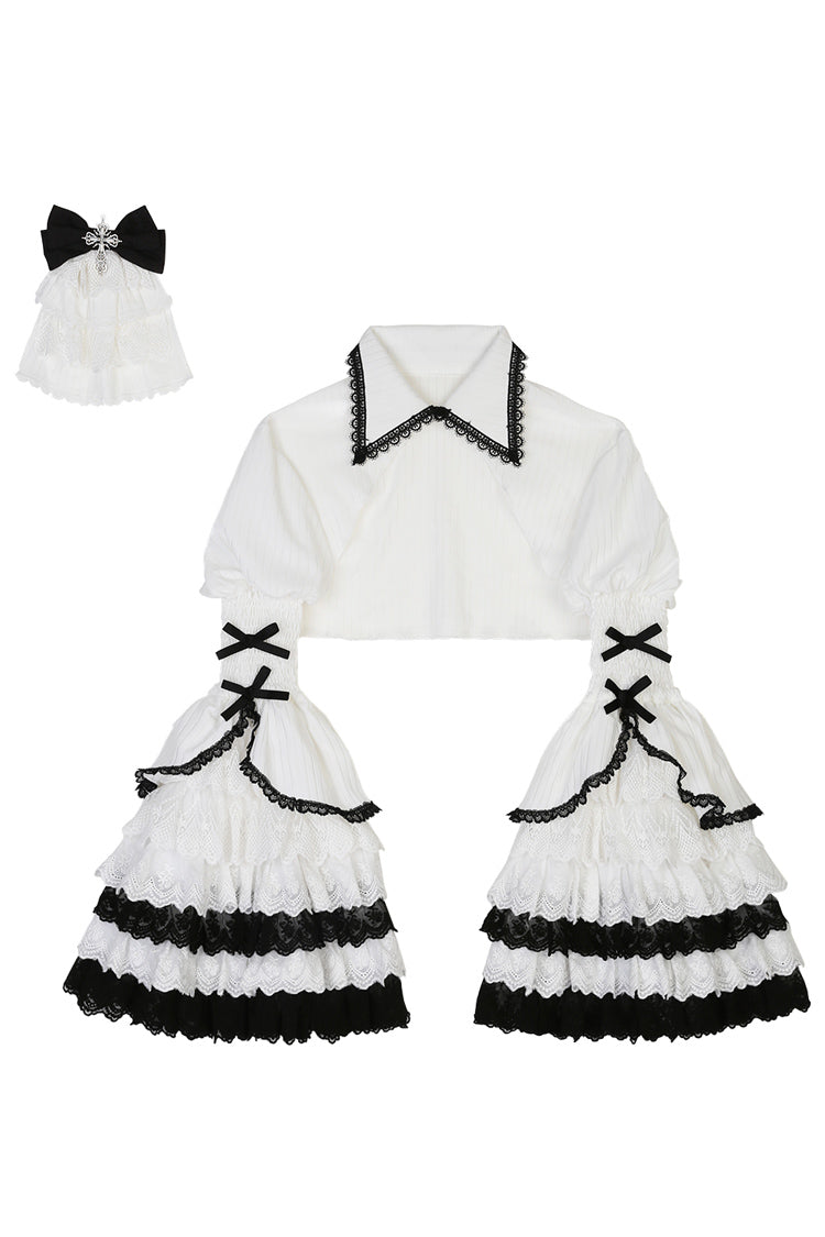 Monochrome Gothic Princess JSK with Bone Print, Ruffled Cardigan, and Lace