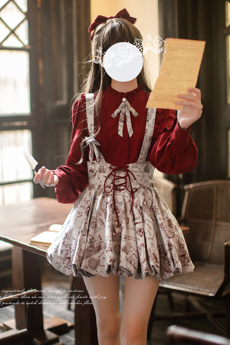 Ash Printed Sweet Lolita Skirt with Lace-Up Bow