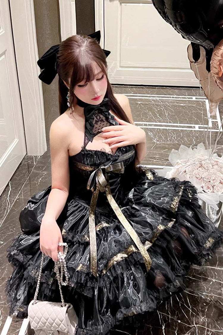 Black First Kiss Halterneck Triple-Layered Ruffle Lace Gothic Princess
