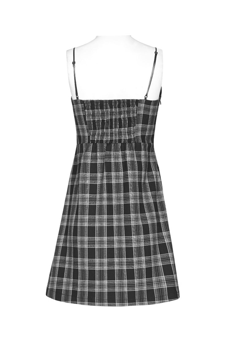 Monochrome Punk Suspender Dress with Plaid and Skull Studded Belt