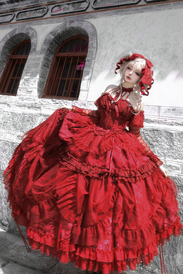 Wine Red Cross Halterneck Ruffle Bowknot Lace Lace-Up Gothic Dress
