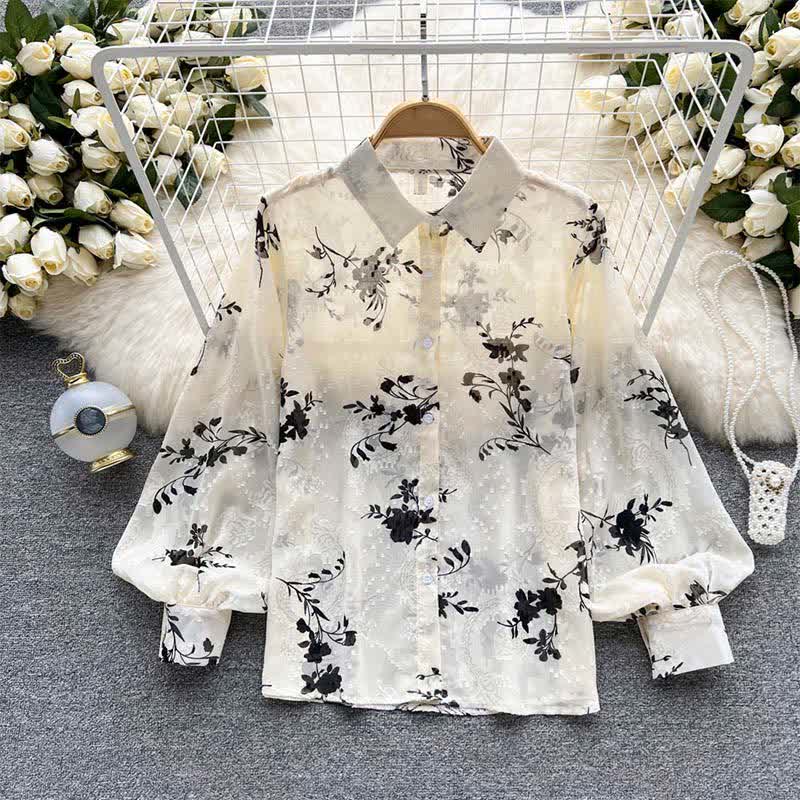 Floral Embroidery Puff Sleeve Chiffon Shirt