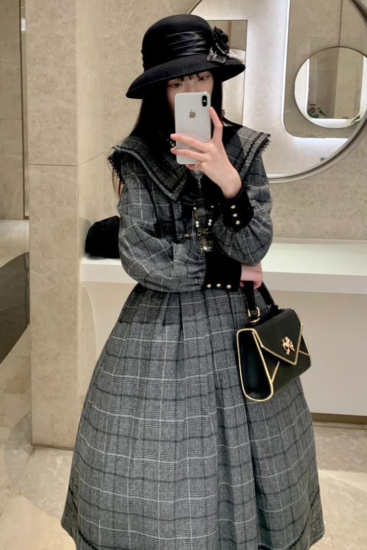 Ash Plaid Bowknot Elegant Sweet Lolita Gown with Long Sleeves