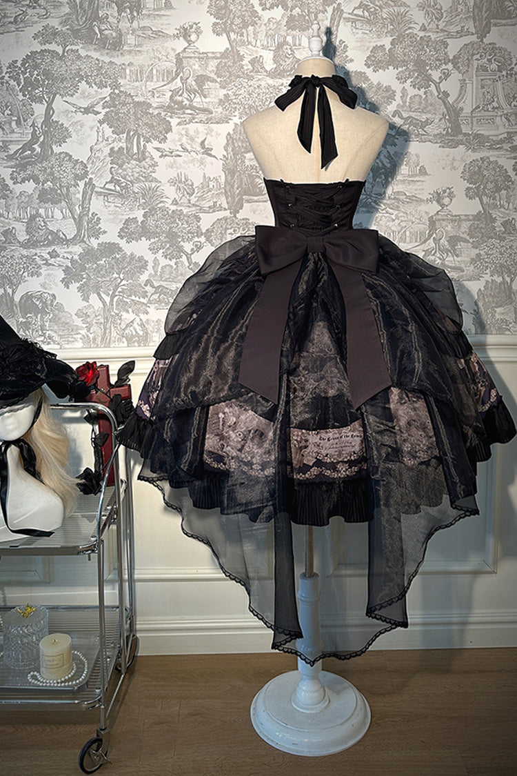 Black Halterneck Print Bowknot Drawstring Gothic Lolita Dress