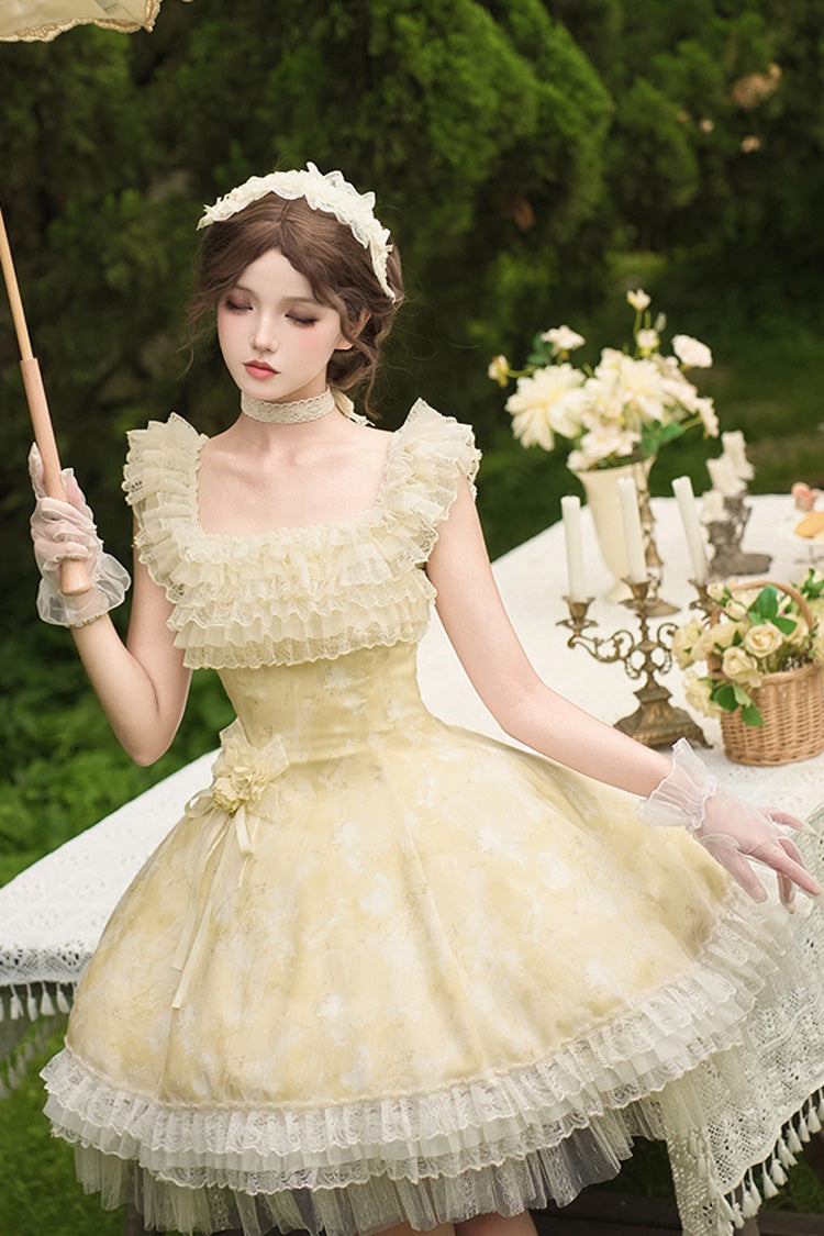 Golden Square Collar Flutter Sleeve Printed Ruffle Lace Sweet Elegant Short Dress - Falling Flowers as a Message