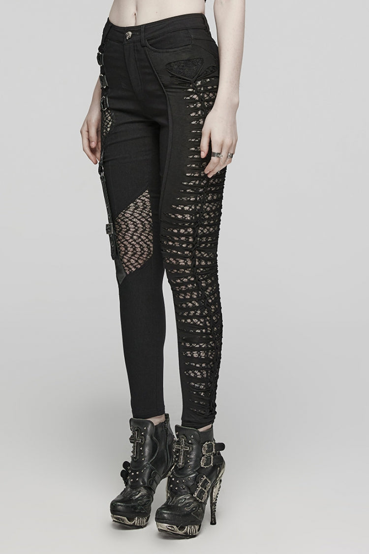 Asymmetric Steampunk Pants with Mesh & Cutout Decoration for Women