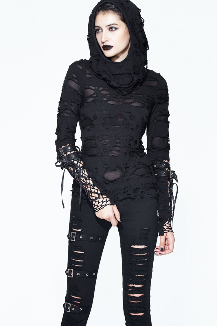 Women's Punk Shirt with Hooded Ripped Finger Covered Splice Mesh Leather Loop Lace Up