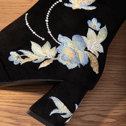 Vintage Blossom Embroidery Zipper Boots