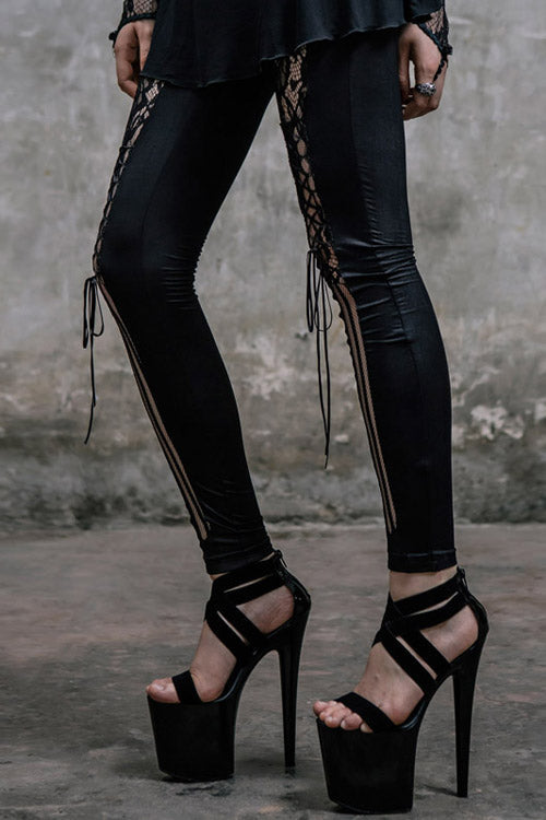 Women's Gothic Knit Pants in Black with Mesh Splice & Lace-Up Front