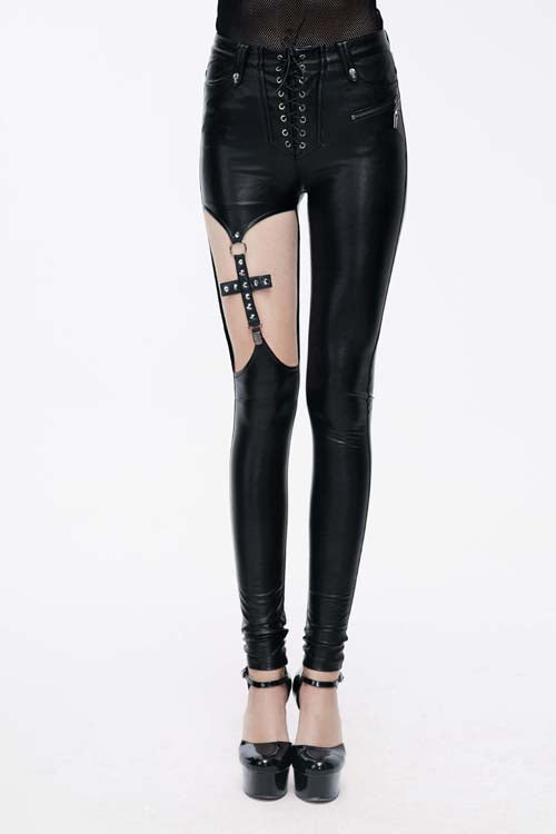Women's Punk Pants with Hollow Out Cross Shaped Elastic Sexy Tight Leather Design