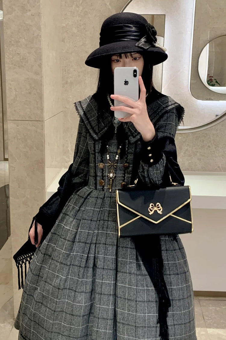 Ash Plaid Bowknot Elegant Sweet Lolita Gown with Long Sleeves