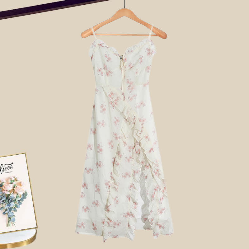 Elegant Cardigan Floral Print Split Slip Dress Set